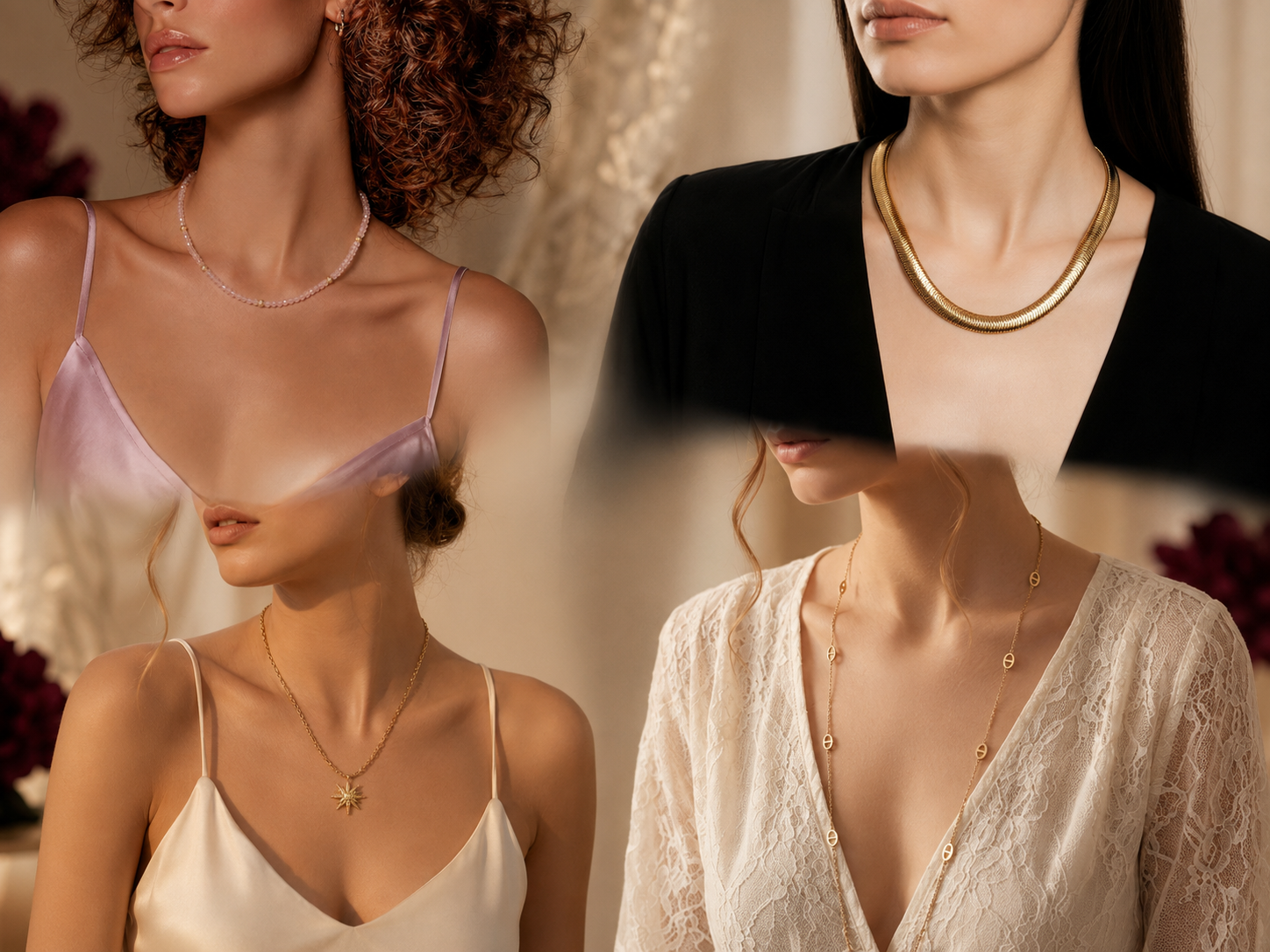 Différents colliers Moon & Grace portés avec plusieurs formes de décolletés pour aider à choisir le modèle le plus adapté.